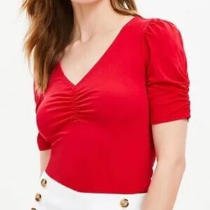 NWT LOFT Cinched V-Neck Knit Top in Tango Red